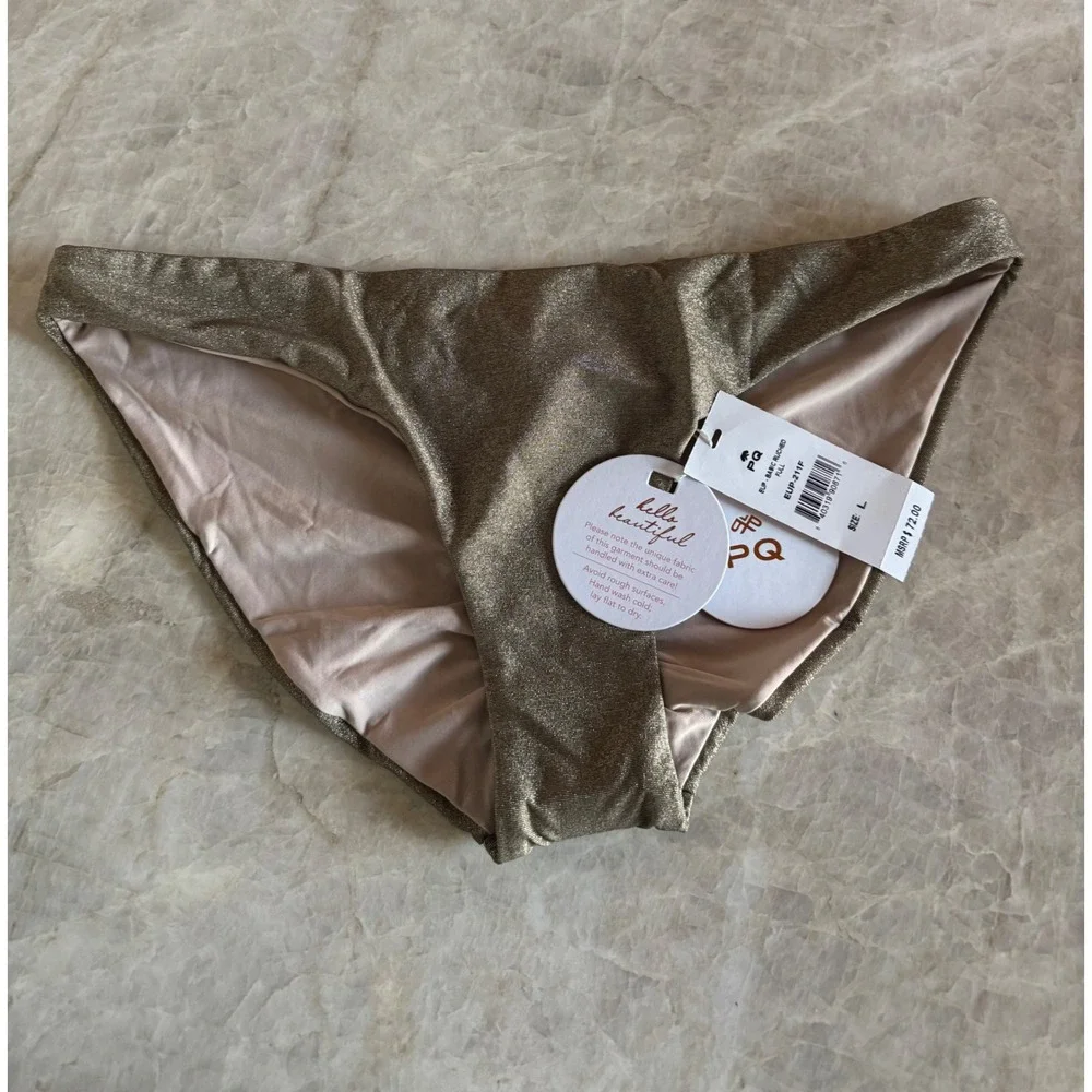 PQ Swim Euphoria Basic Ruched Full Bikini Bottom Gold Metallic EUP-211F L NEW